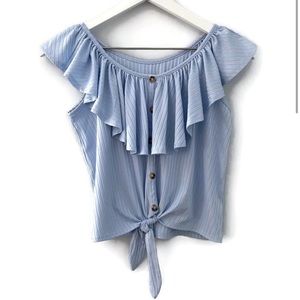 Justice size 8 Top Blouse Button Down Sleeveless Blue Ruffle Collar Medium